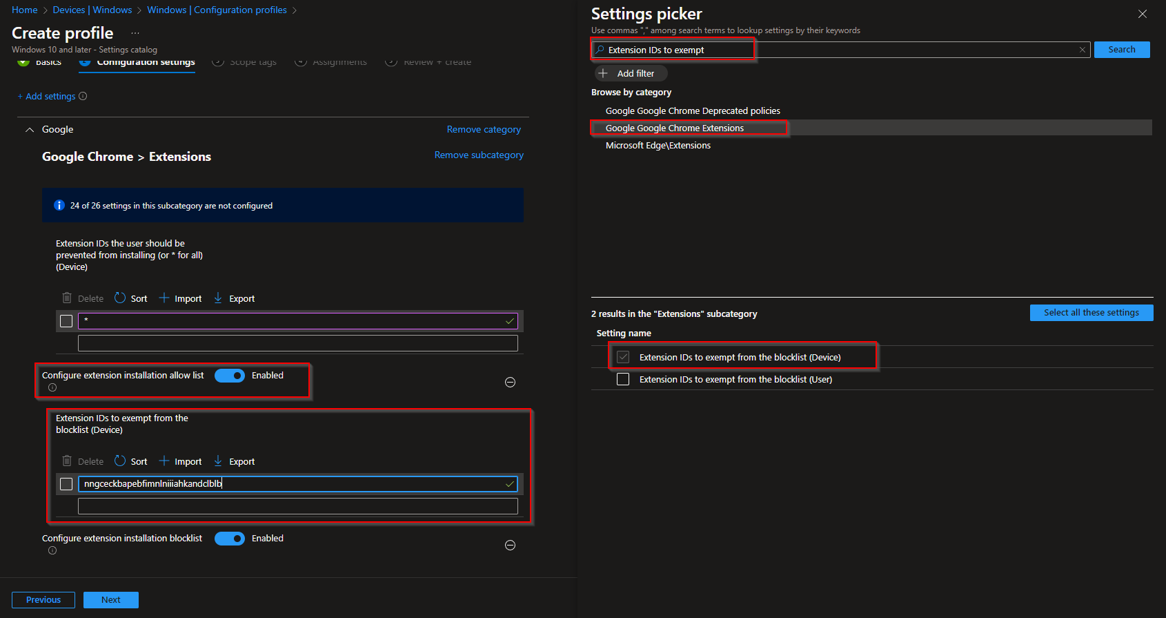 Configuring extension installation allow list with extension IDs to exempt